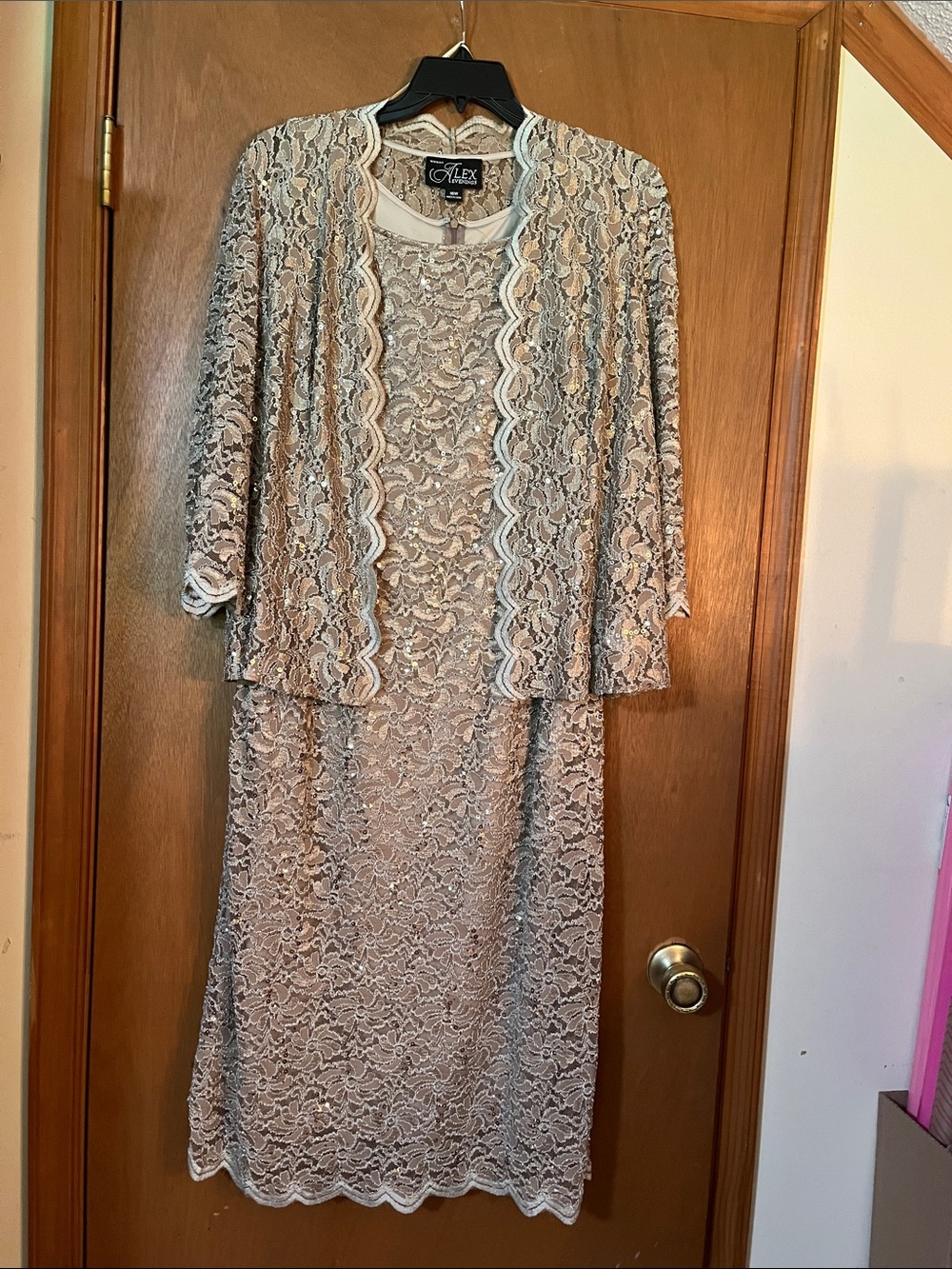 Stunning scalloped edge,tank dress, and lightweight jacket in taupe